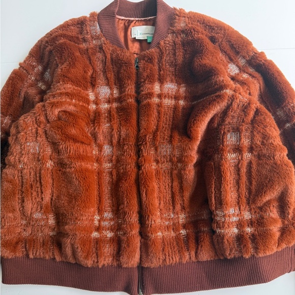 Anthropologie Plaid Teddy Bomber Jacket Sz 1X Rust Brown Fuzzy Zip Up Plush Coat - Picture 6 of 13
